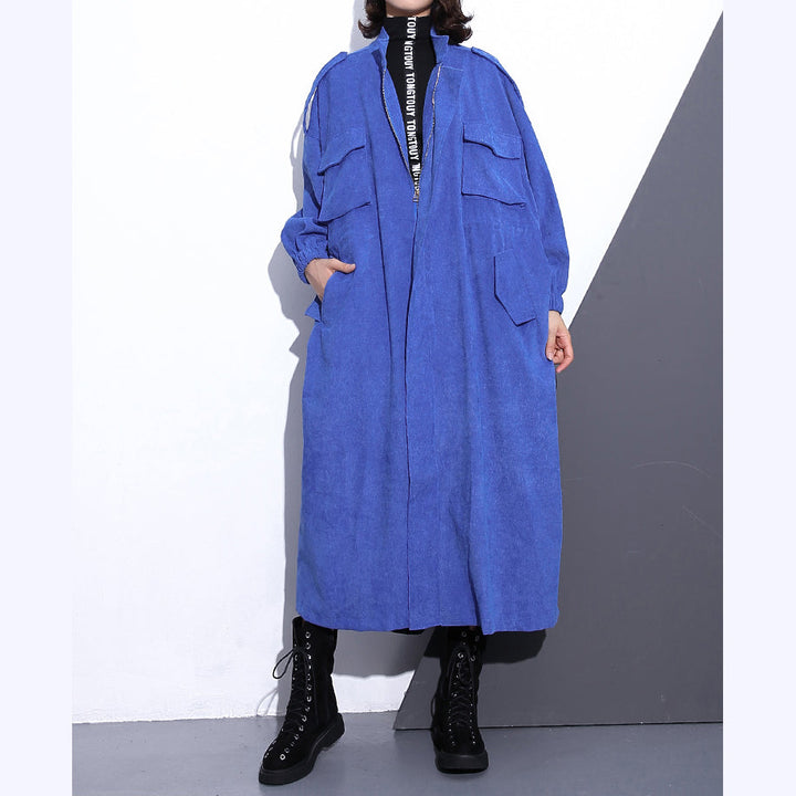 Drune | blauer langer Mantel Übergröße Stehkragen Reißverschluss Trenchcoat Boutique lange Ärmel Taschen weite lange Mäntel