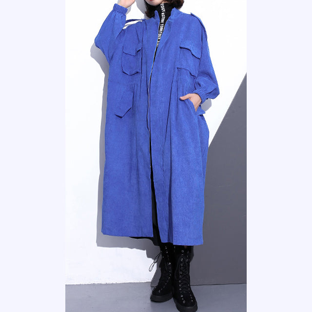 Drune | blauer langer Mantel Übergröße Stehkragen Reißverschluss Trenchcoat Boutique lange Ärmel Taschen weite lange Mäntel