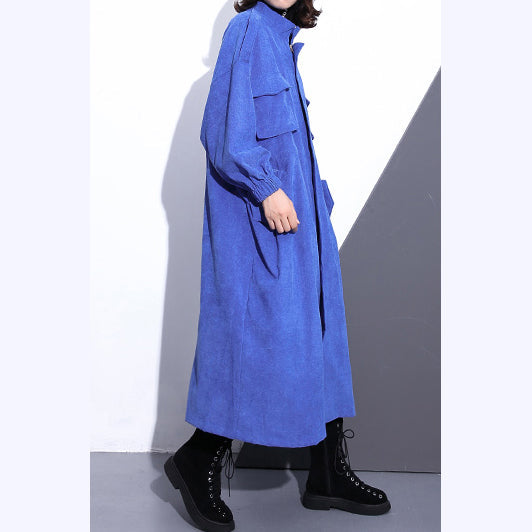Drune | blauer langer Mantel Übergröße Stehkragen Reißverschluss Trenchcoat Boutique lange Ärmel Taschen weite lange Mäntel