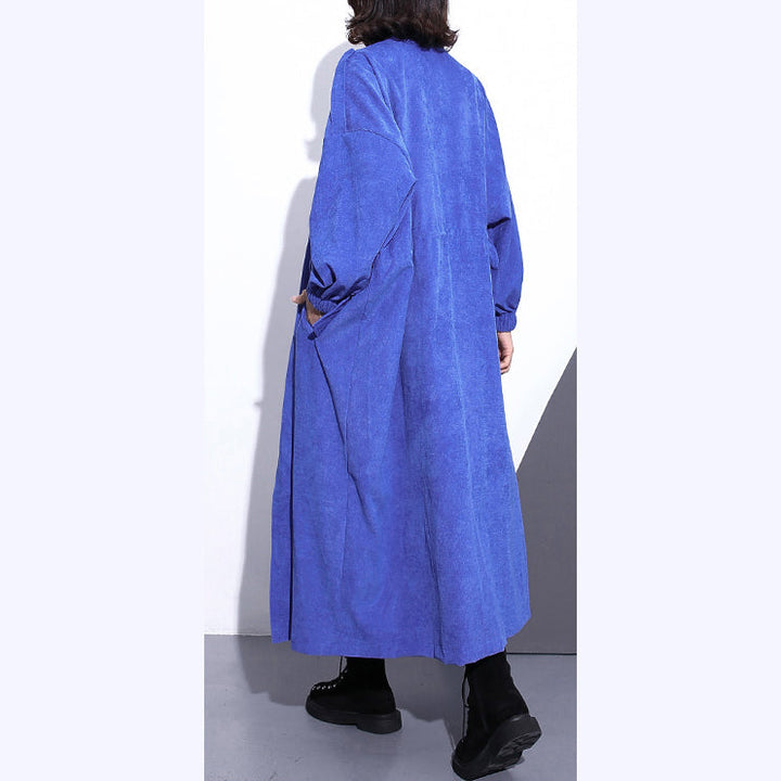 Drune | blauer langer Mantel Übergröße Stehkragen Reißverschluss Trenchcoat Boutique lange Ärmel Taschen weite lange Mäntel
