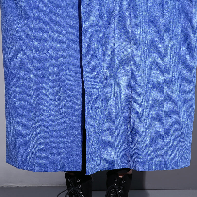 Drune | blauer langer Mantel Übergröße Stehkragen Reißverschluss Trenchcoat Boutique lange Ärmel Taschen weite lange Mäntel