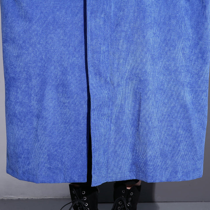 Drune | blauer langer Mantel Übergröße Stehkragen Reißverschluss Trenchcoat Boutique lange Ärmel Taschen weite lange Mäntel