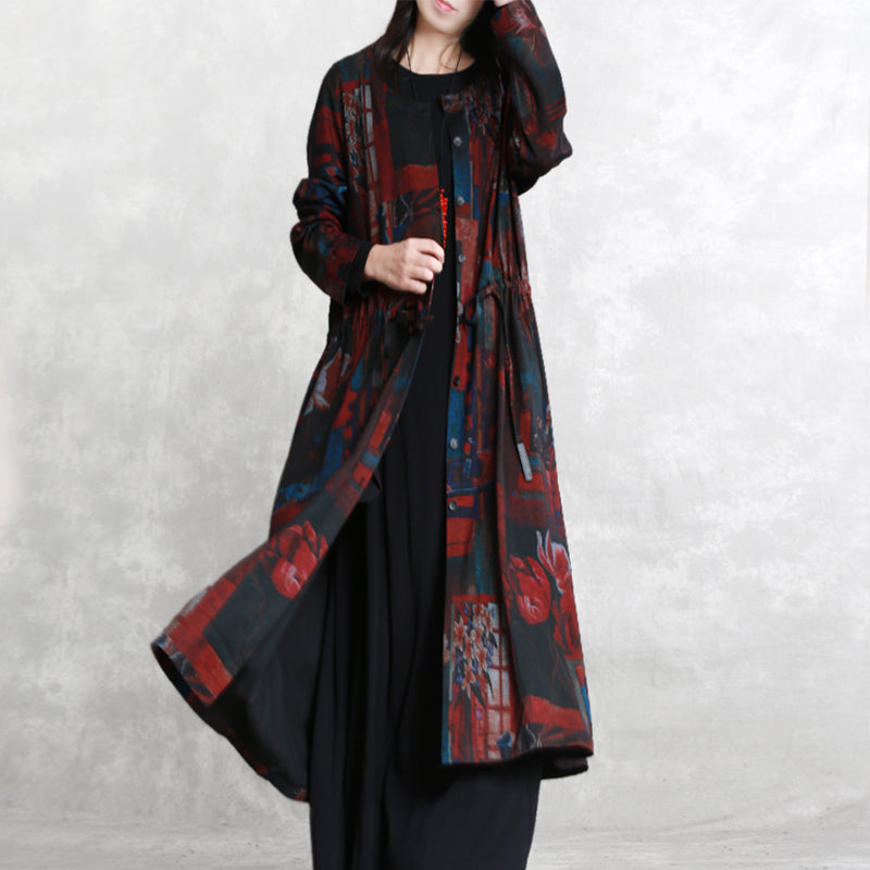 Drune | bordeaux Druck Mäntel oversized O-Ausschnitt Bindegürtel Outwear Elegante langärmelige Taschen Mäntel Kleider
