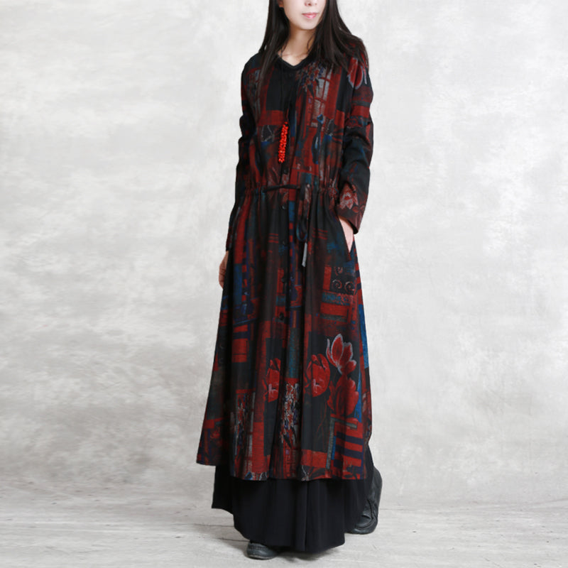 Drune | bordeaux Druck Mäntel oversized O-Ausschnitt Bindegürtel Outwear Elegante langärmelige Taschen Mäntel Kleider