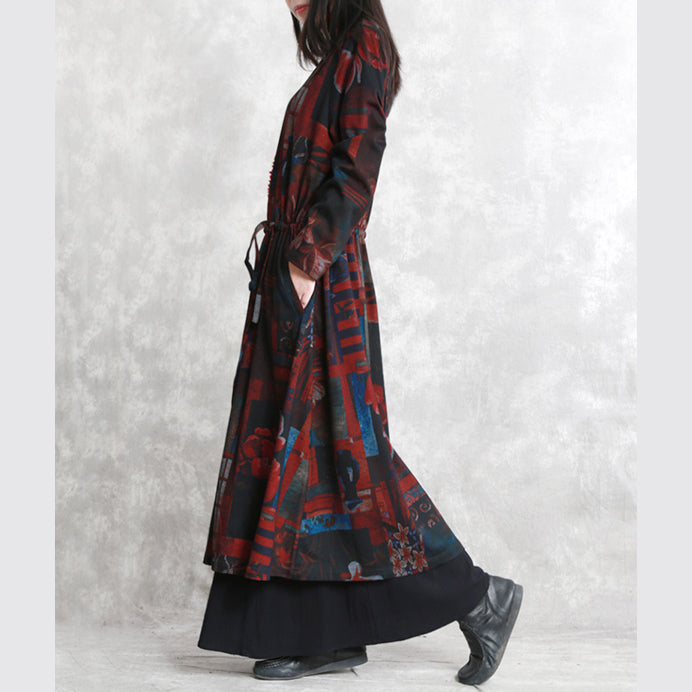 Drune | bordeaux Druck Mäntel oversized O-Ausschnitt Bindegürtel Outwear Elegante langärmelige Taschen Mäntel Kleider