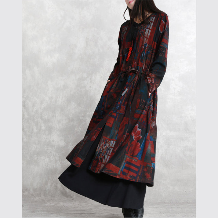 Drune | bordeaux Druck Mäntel oversized O-Ausschnitt Bindegürtel Outwear Elegante langärmelige Taschen Mäntel Kleider