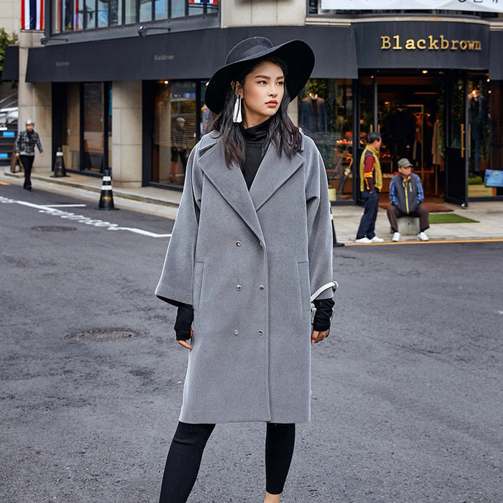 Drune | grauer Wollmantel Übergröße Notched Outwear Boutique doppelt brüstet Taschen lange Mäntel
