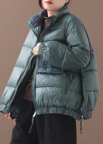 Drune | grüne Gans Daunenmantel Locker sitzende Winterjacke Patchwork Karo Seitenreißverschlussjacken