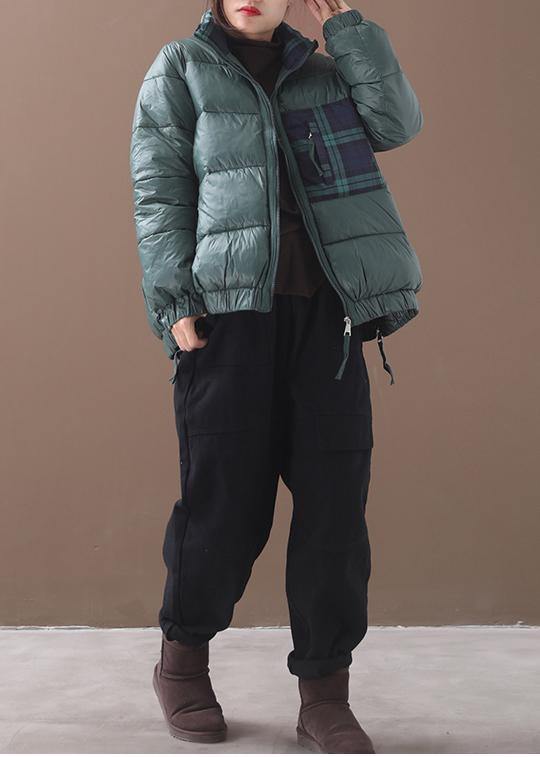 Drune | grüne Gans Daunenmantel Locker sitzende Winterjacke Patchwork Karo Seitenreißverschlussjacken