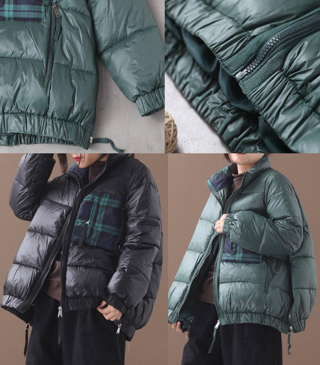 Drune | grüne Gans Daunenmantel Locker sitzende Winterjacke Patchwork Karo Seitenreißverschlussjacken