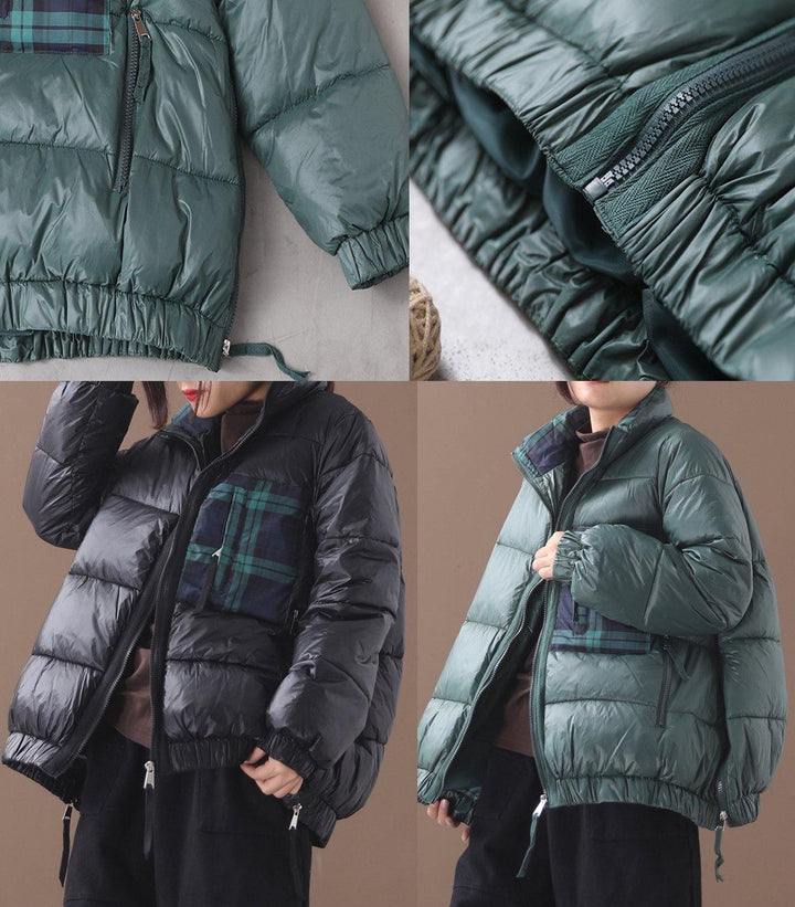 Drune | grüne Gans Daunenmantel Locker sitzende Winterjacke Patchwork Karo Seitenreißverschlussjacken