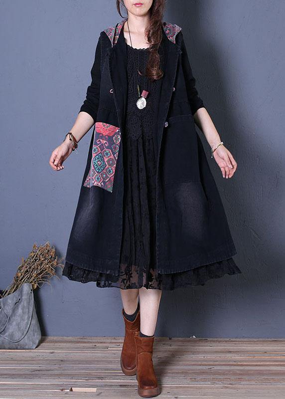 Drune | oversized Maxi-Mantel schwarzer Patchwork Kapuzenmäntel