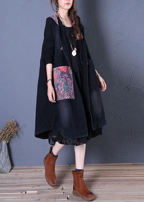 Drune | oversized Maxi-Mantel schwarzer Patchwork Kapuzenmäntel