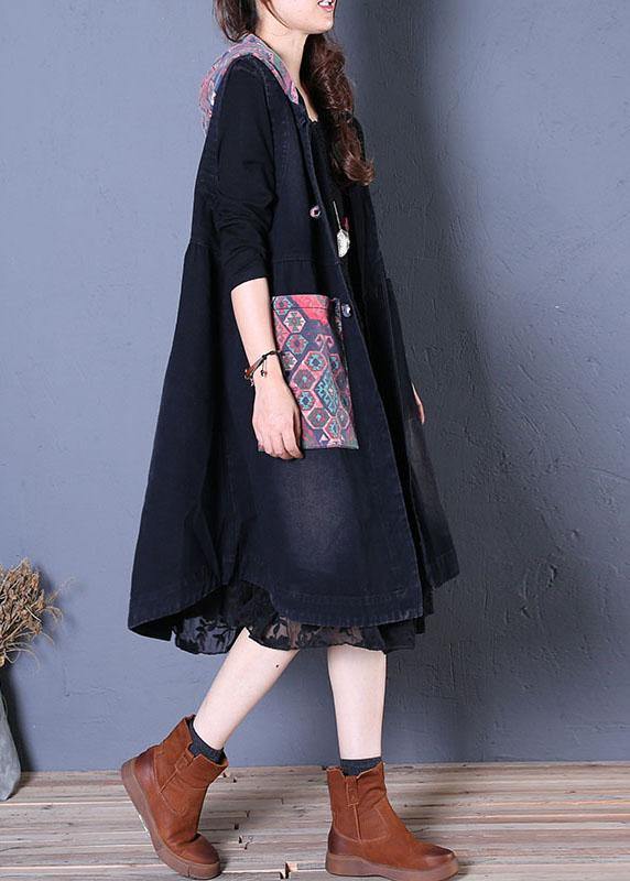 Drune | oversized Maxi-Mantel schwarzer Patchwork Kapuzenmäntel