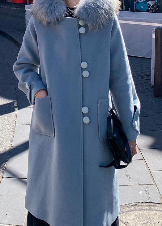 Drune | oversized mittellange Jacken mit Kunstfellkragen wollene Oberbekleidung blaue Kapuzenwolljacke