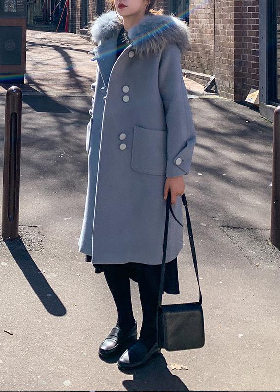 Drune | oversized mittellange Jacken mit Kunstfellkragen wollene Oberbekleidung blaue Kapuzenwolljacke