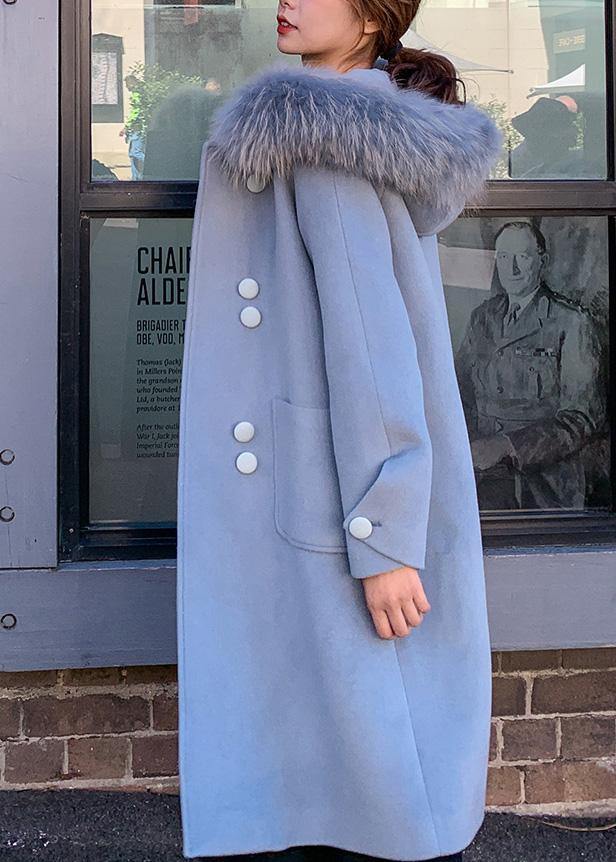 Drune | oversized mittellange Jacken mit Kunstfellkragen wollene Oberbekleidung blaue Kapuzenwolljacke
