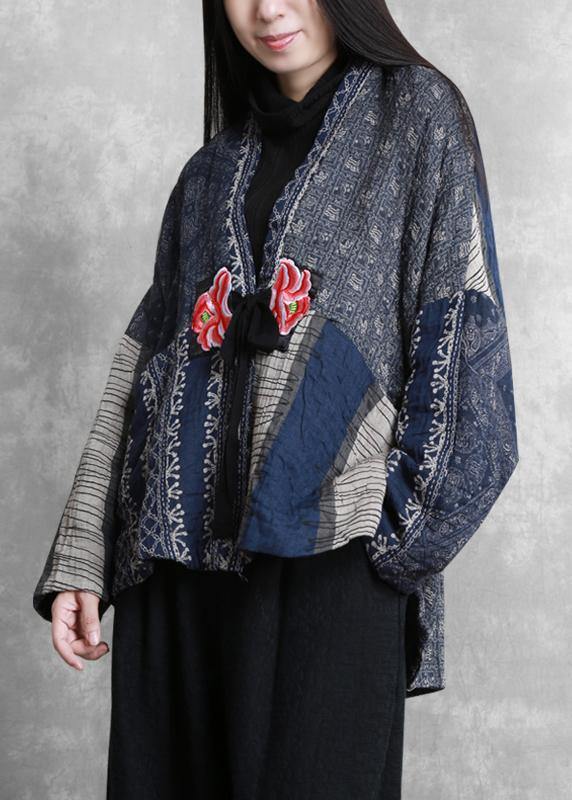Drune | Übergroße Wintermäntel blau Druck V-Ausschnitt Patchwork Damenmäntel