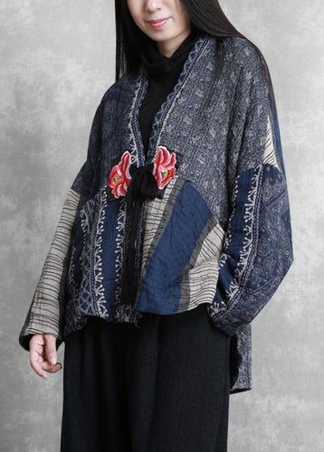Drune | Übergroße Wintermäntel blau Druck V-Ausschnitt Patchwork Damenmäntel