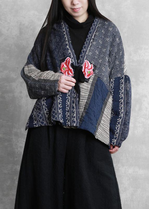 Drune | Übergroße Wintermäntel blau Druck V-Ausschnitt Patchwork Damenmäntel