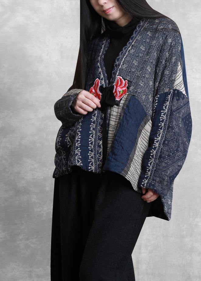 Drune | Übergroße Wintermäntel blau Druck V-Ausschnitt Patchwork Damenmäntel