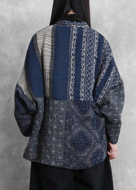 Drune | Übergroße Wintermäntel blau Druck V-Ausschnitt Patchwork Damenmäntel