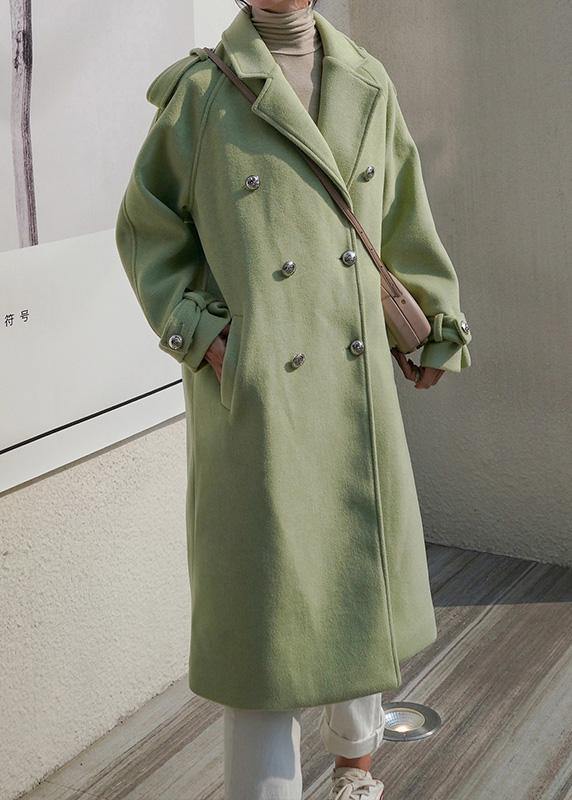 Drune | Plus Size Wintermantel mit offenem Rücken, grüne Doppelreiher-Wolljacke für Frauen