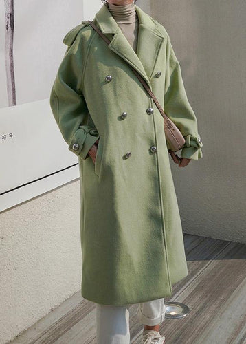 Drune | Plus Size Wintermantel mit offenem Rücken, grüne Doppelreiher-Wolljacke für Frauen