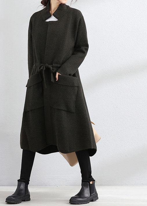 Drune | Plus-Size-Mantel armygrün Quadratischer Kragen Bindegürtel Wollmäntel