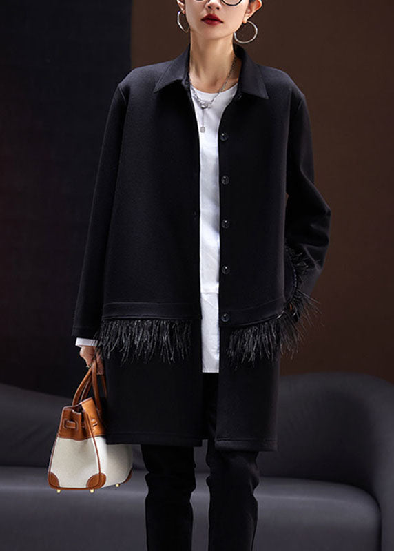 Drune | Schwarze Peter Pan Kragen Quasten Patchwork Mäntel Lange Ärmel