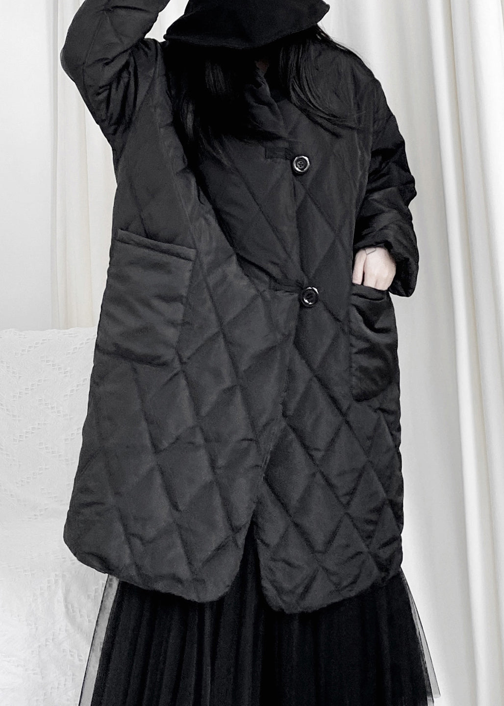 Drune | Schwarze Karierte Patchwork Taschen Lange Daunenjacken