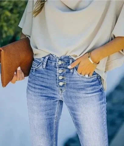Drune | Jeans gewaschen Knopf Damenjeans Jeans mit hoher Taille