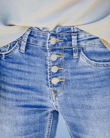 Drune | Jeans gewaschen Knopf Damenjeans Jeans mit hoher Taille