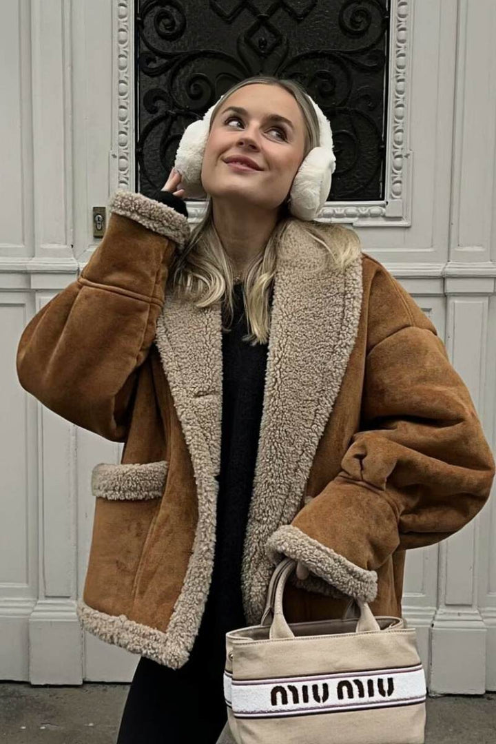 Drune | Gefütterte Jacke Braun Teddy Gefüttert Wildleder Winterjacke Winterjacke für Damen