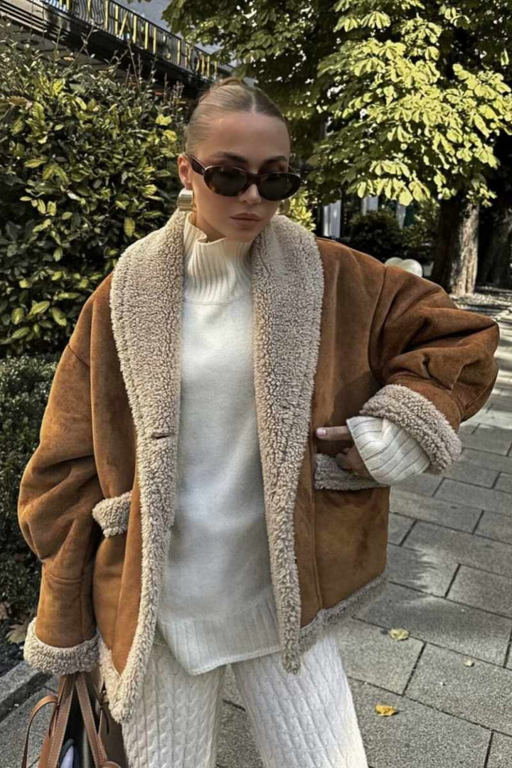 Drune | Gefütterte Jacke Braun Teddy Gefüttert Wildleder Winterjacke Winterjacke für Damen