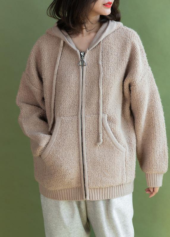 Drune | beigefarbene Strickmäntel lässiger Winter Kapuzenstrickmantel