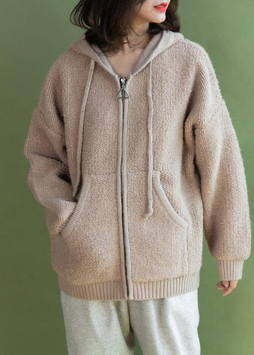 Drune | beigefarbene Strickmäntel lässiger Winter Kapuzenstrickmantel