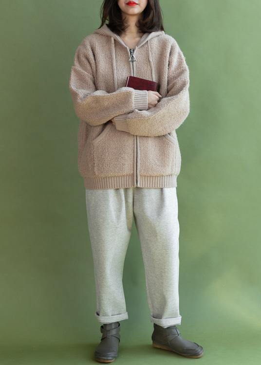 Drune | beigefarbene Strickmäntel lässiger Winter Kapuzenstrickmantel