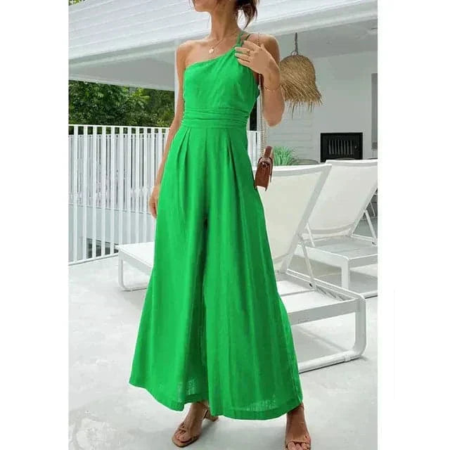 Drune | Jumpsuit Eine Schulter Asymmetrisch Flowy Passform Elegante Weite Beine