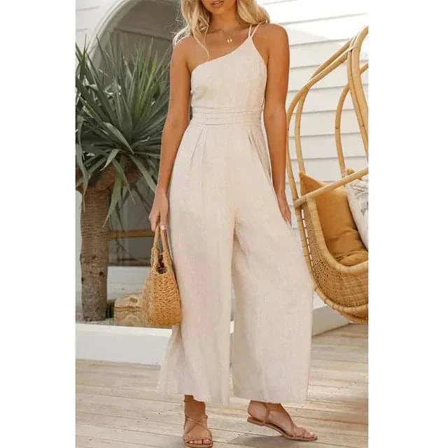Drune | Jumpsuit Eine Schulter Asymmetrisch Flowy Passform Elegante Weite Beine