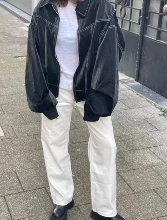 Drune | Oversized Kunstleder Bomberjacke Streetstyle Übergangsjacke Trendige Freizeitmode