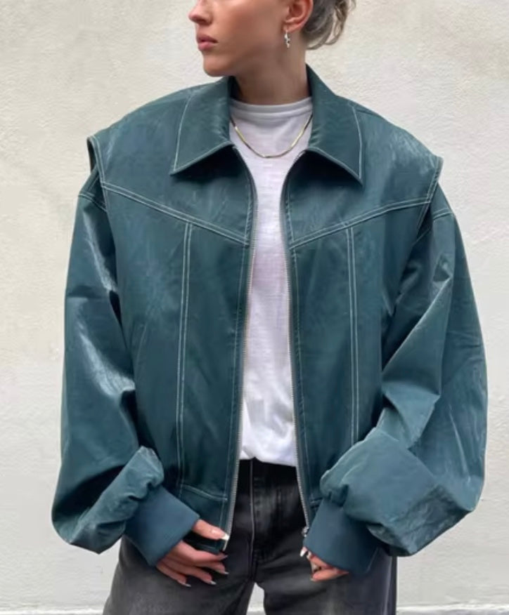 Drune | Oversized Kunstleder Bomberjacke Streetstyle Übergangsjacke Trendige Freizeitmode