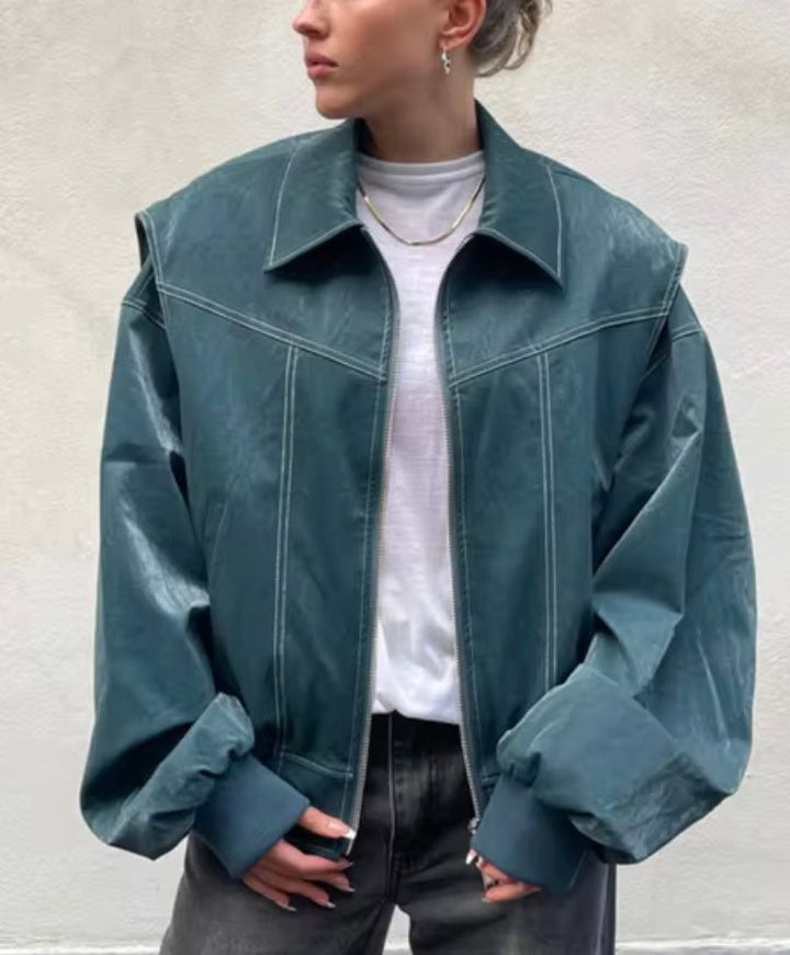 Drune | Oversized Kunstleder Bomberjacke Streetstyle Übergangsjacke Trendige Freizeitmode