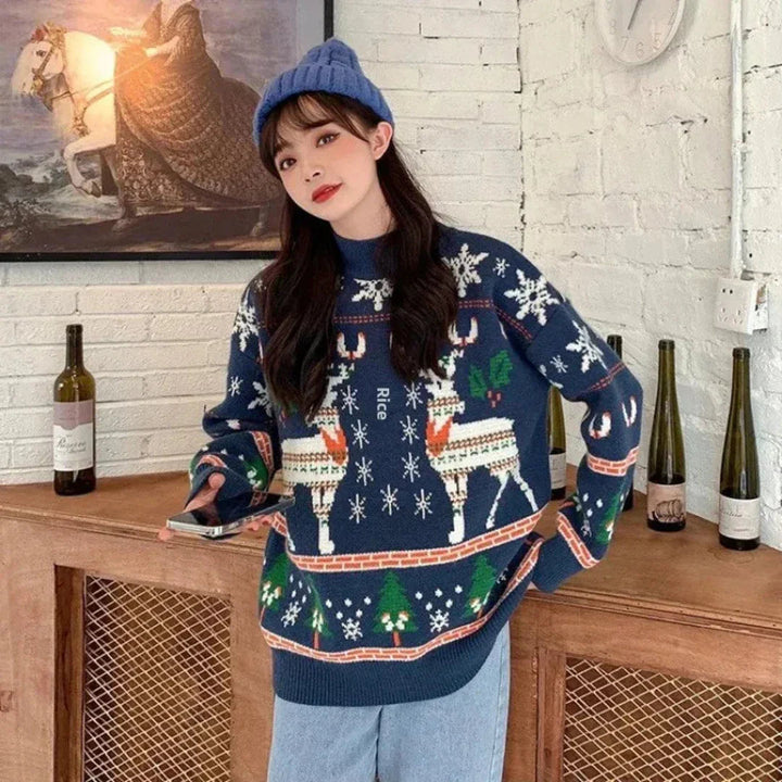 Drune | Weihnachtsstrickjacke Damen mit Rentier - Gestrickter Pullover
