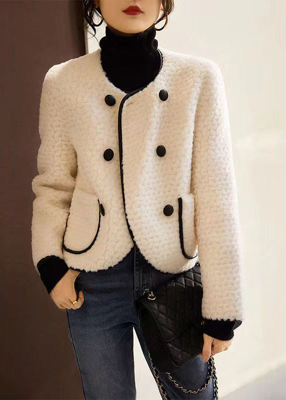 Drune | Beigefarbiger O-Ausschnitt Taschen Patchwork Wollmäntel Winter