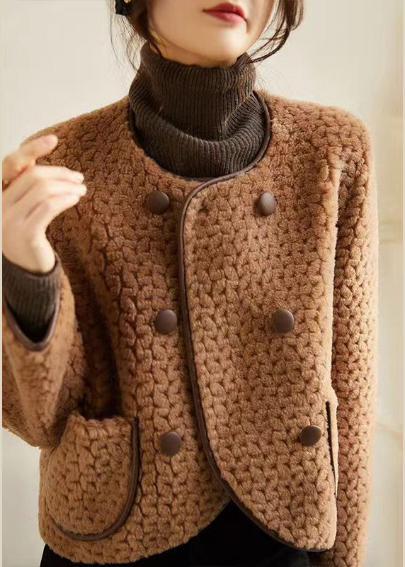 Drune | Beigefarbiger O-Ausschnitt Taschen Patchwork Wollmäntel Winter
