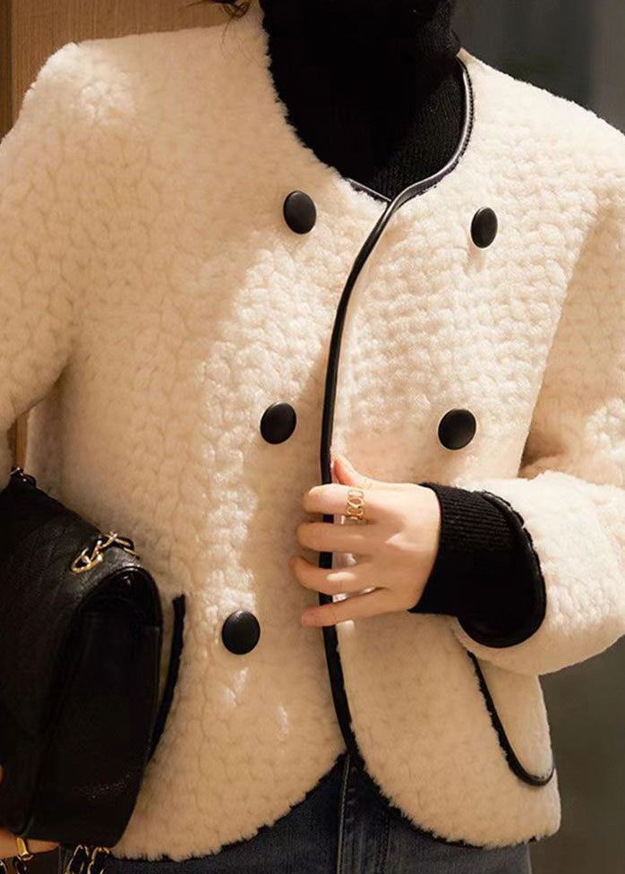 Drune | Beigefarbiger O-Ausschnitt Taschen Patchwork Wollmäntel Winter