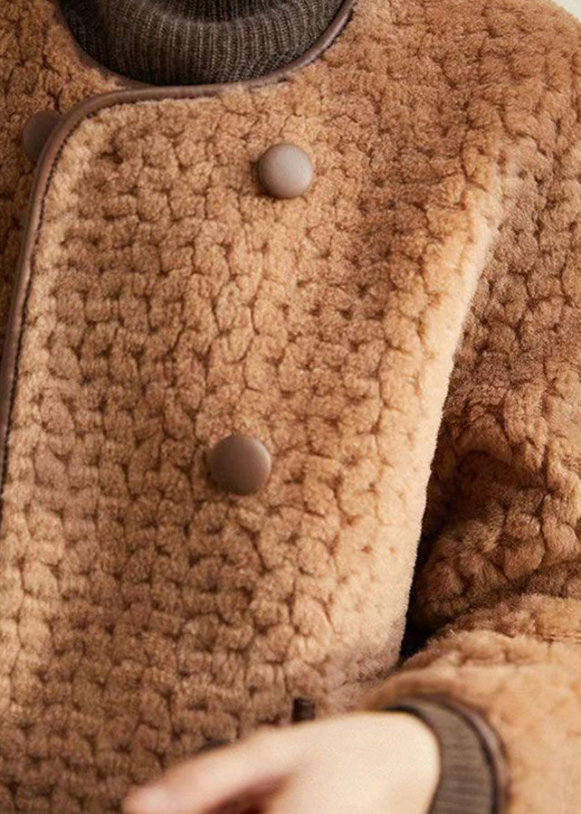 Drune | Beigefarbiger O-Ausschnitt Taschen Patchwork Wollmäntel Winter