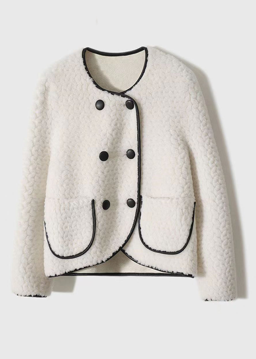 Drune | Beigefarbiger O-Ausschnitt Taschen Patchwork Wollmäntel Winter