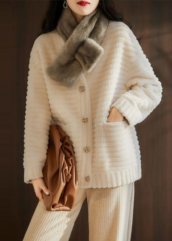 Drune | Beige V-Ausschnitt Taschen Patchwork Wolljacken Winter